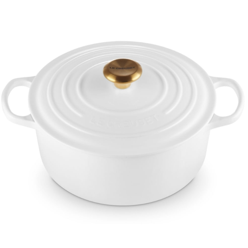 PANELA REDONDA LE CREUSET 28CM SIGNATURE FERRO ESMALTADO BRANCO COM PEGADOR DOURADO  21177280101441