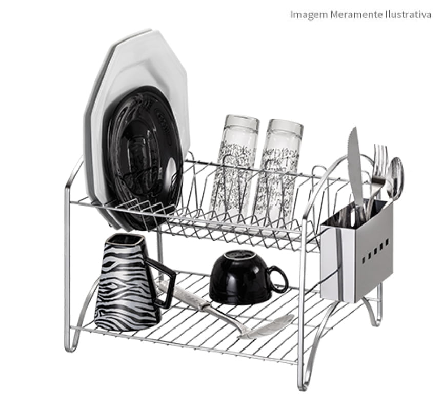 Escorredor de Louça Duplo Cromado Laminado 16 Pratos 05 Copos Porta Talher em Inox