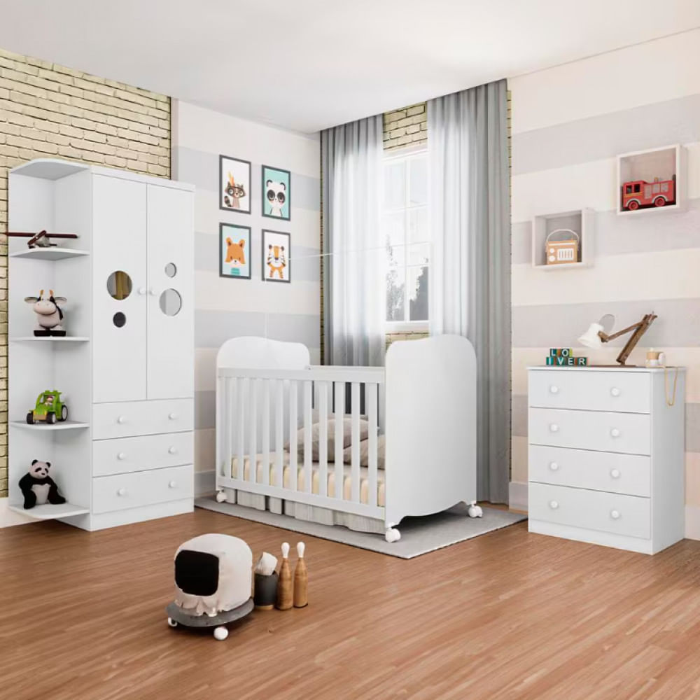 Berço Americano + Cômoda Infantil 4 Gavetas e 65,1cm de Largura + Guarda-Roupa Infantil Peroba Duda Plus 2 Portas, 3 Gavetas e 5 Prateleira Branco