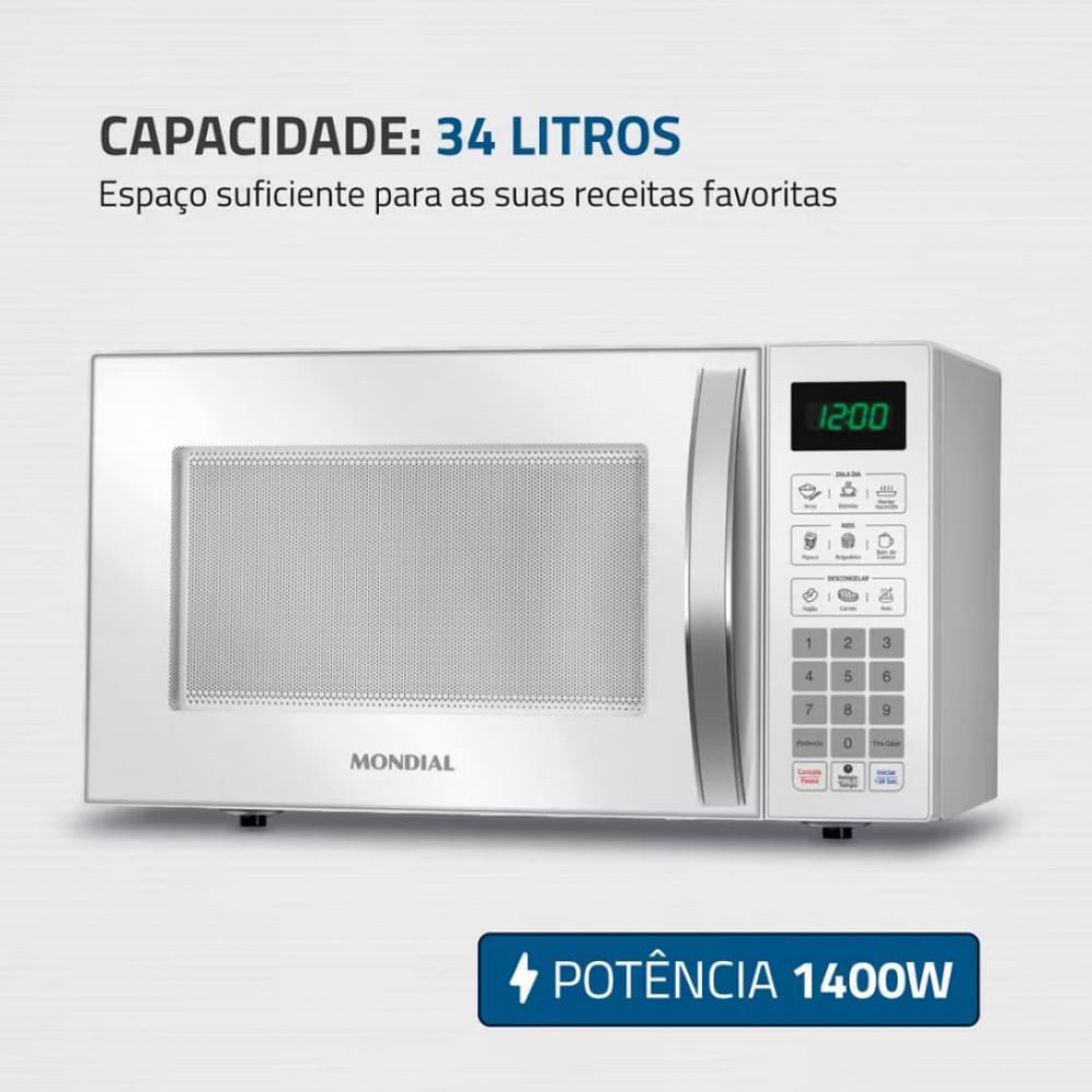 Micro-ondas Mondial MO-02-34-W com 10 Ajustes de Potência e Função Tira Odor Branco / 110V