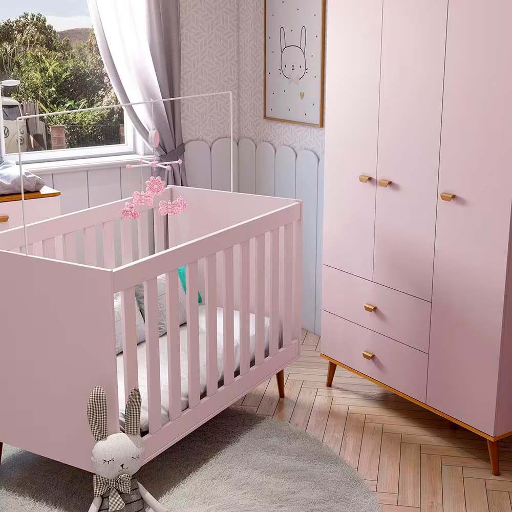 Guarda Roupa Infantil Ternura com 3 Portas, 2 Gavetas e 5 Nichos Bartira Rosa Wood