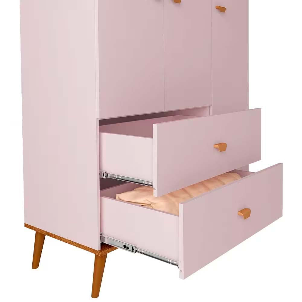 Guarda Roupa Infantil Ternura com 3 Portas, 2 Gavetas e 5 Nichos Bartira Rosa Wood