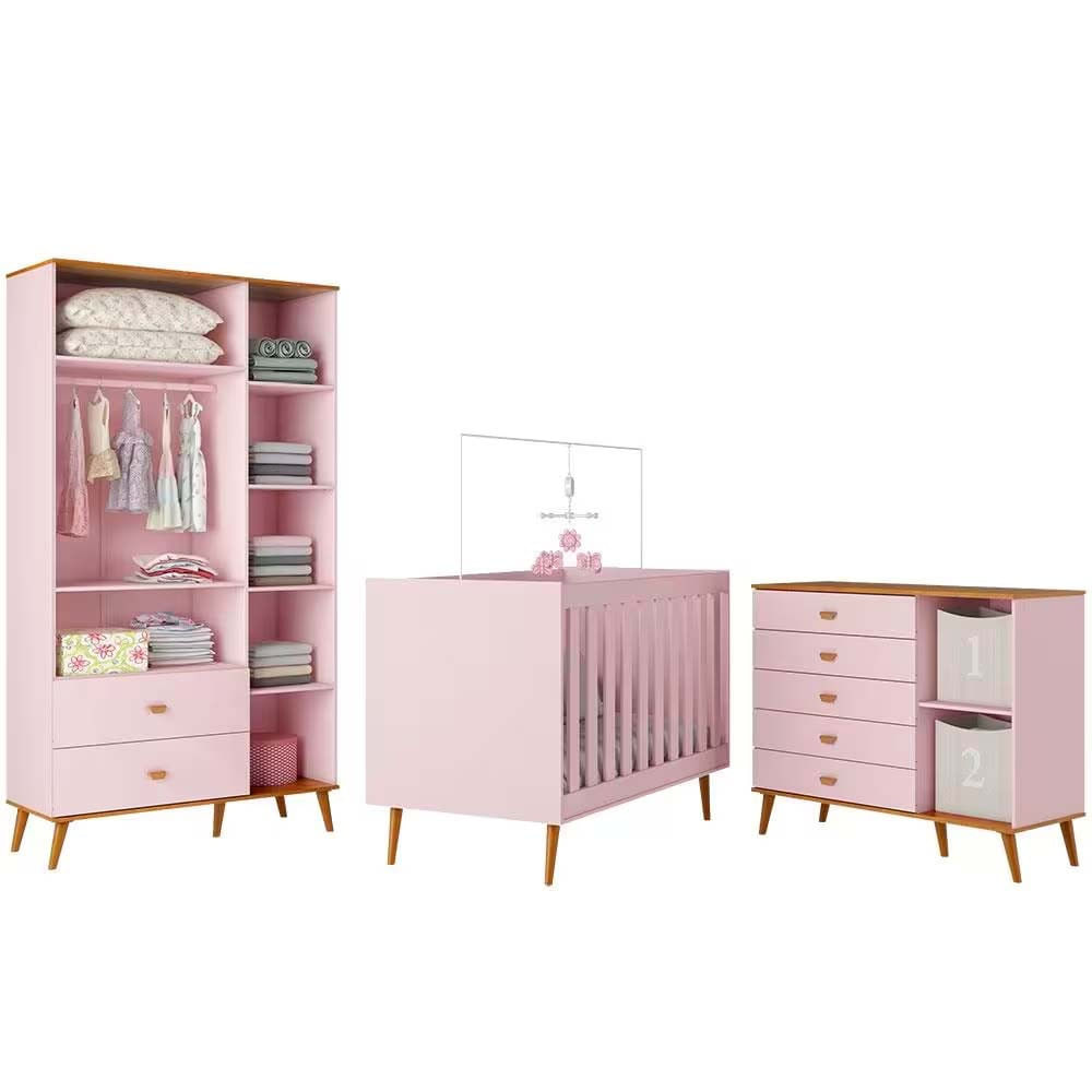 Guarda Roupa Infantil Ternura com 3 Portas, 2 Gavetas e 5 Nichos Bartira Rosa Wood