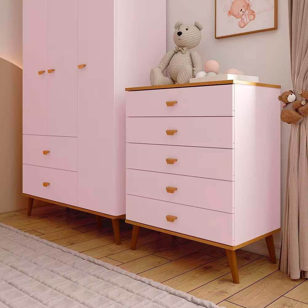 Guarda Roupa Infantil Ternura com 3 Portas, 2 Gavetas e 5 Nichos Bartira Rosa Wood