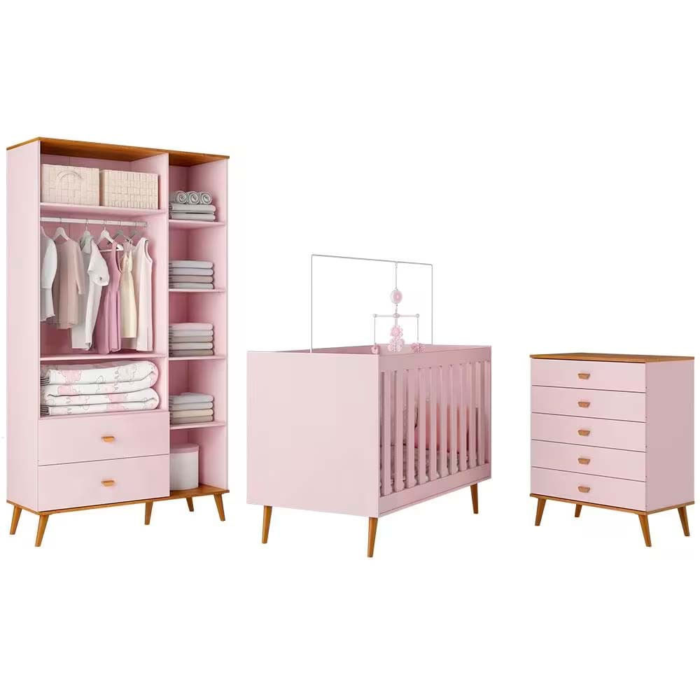 Guarda Roupa Infantil Ternura com 3 Portas, 2 Gavetas e 5 Nichos Bartira Rosa Wood