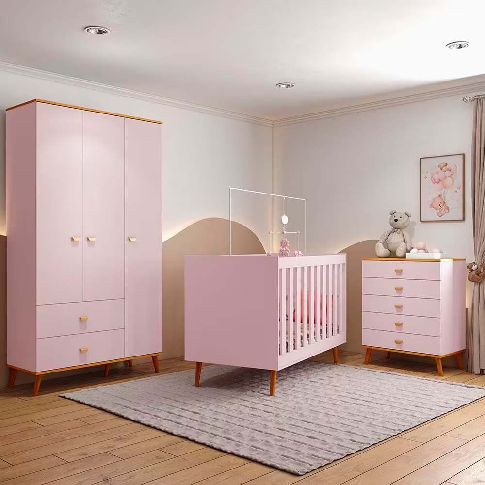 Guarda Roupa Infantil Ternura com 3 Portas, 2 Gavetas e 5 Nichos Bartira Rosa Wood