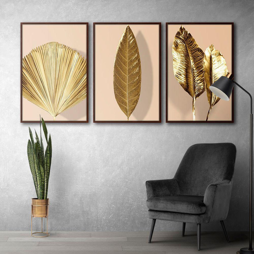 Quadro Premium Textura Cxalta Folhas Ouro Em Bege4 3Un 40X60 Titulo Moldura Madeira