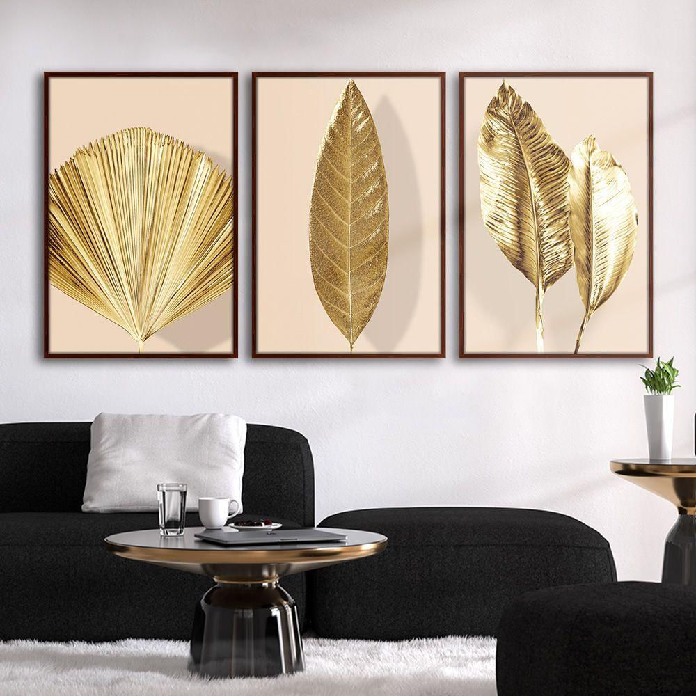 Quadro Premium Textura Cxalta Folhas Ouro Em Bege4 3Un 40X60 Titulo Moldura Madeira