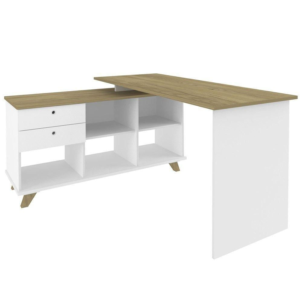 Mesa Para Computador Escrivaninha Em L Gold 2 Gavetas E Nichos Branco/Olmo - Artany