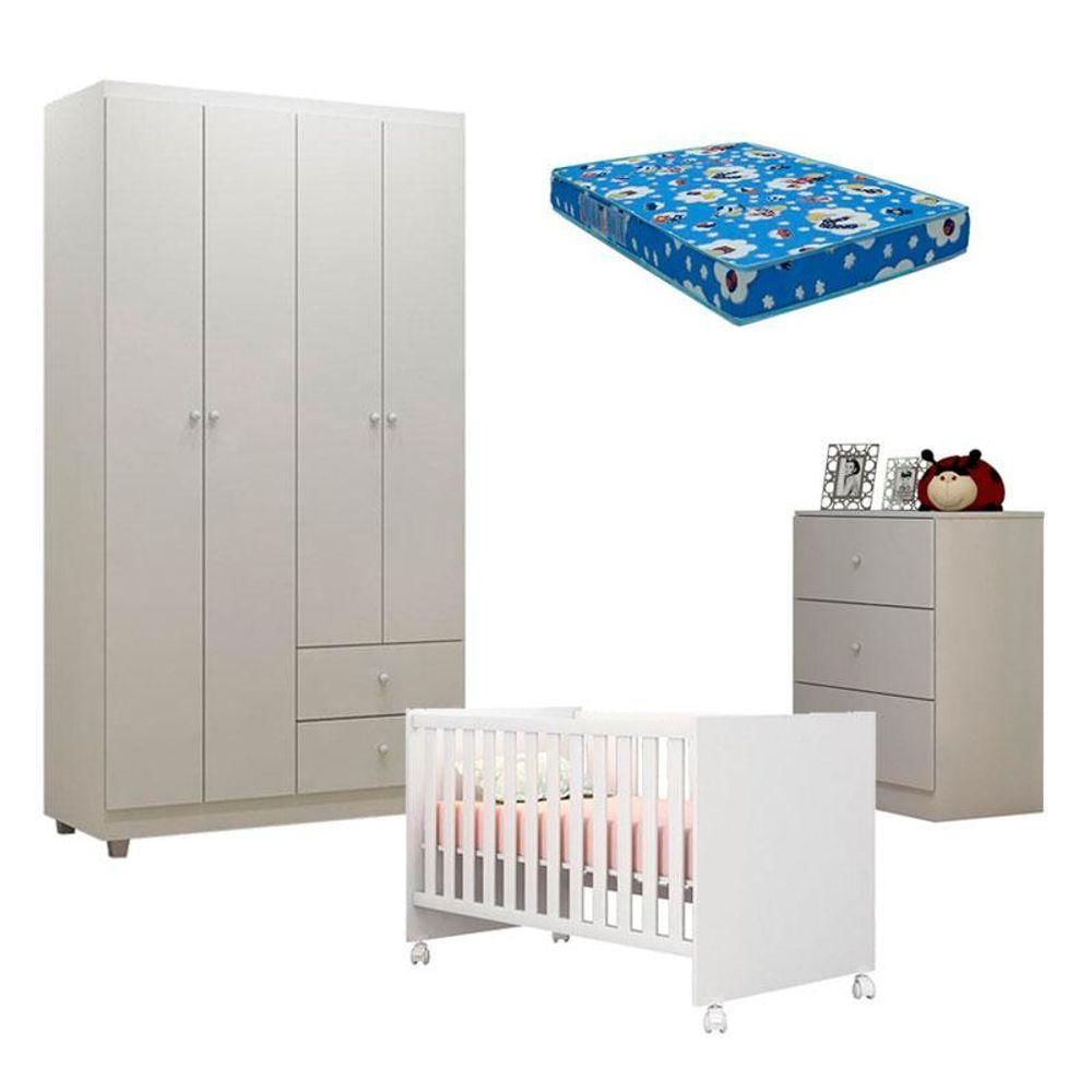 Quarto De Bebê Louise 4 Portas Com Berço Doce Sonho 100 Rodízios Branco Brilho E Colchão - Ajl