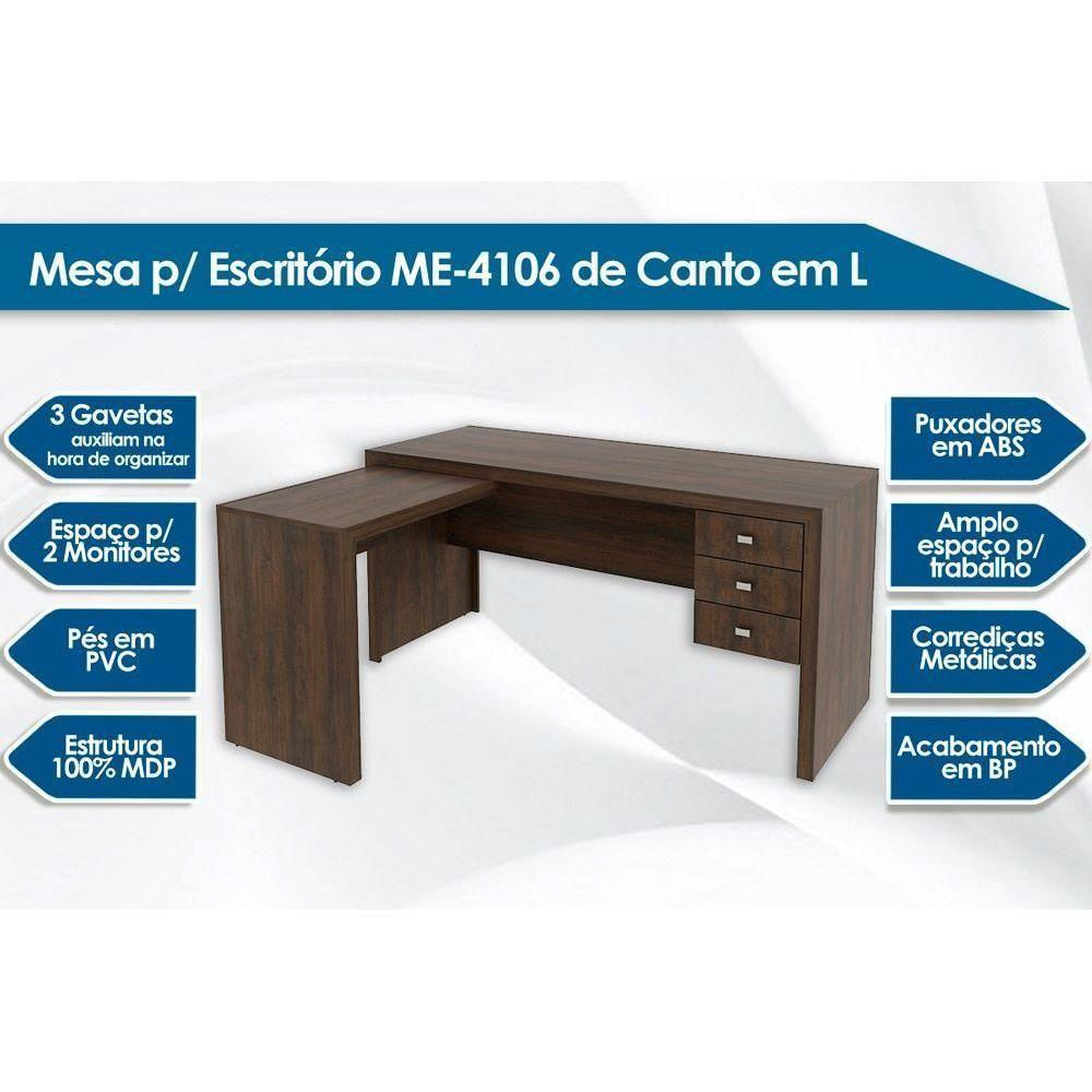 Mesa Canto P/escritório Me4106 C/ 3 Gavetas Nogal - Tecno Mobili