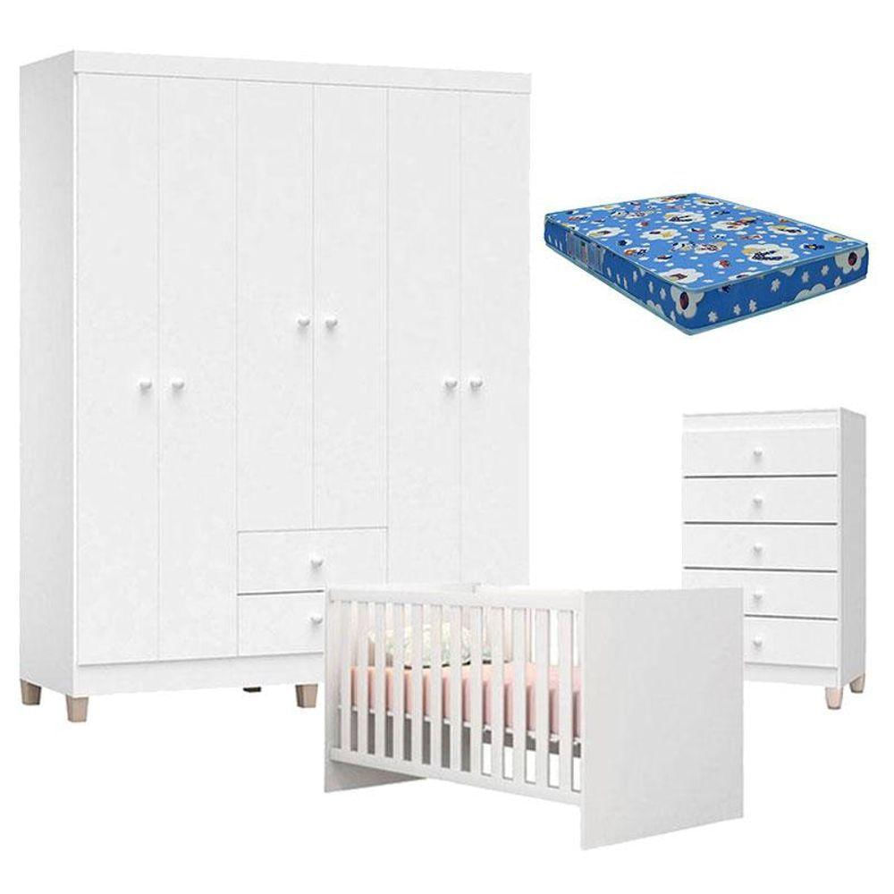 Quarto De Bebê Ternura Baby 6 Portas Com Cômoda Gaveteiro Branco Brilho Com Colchão - Incorplac