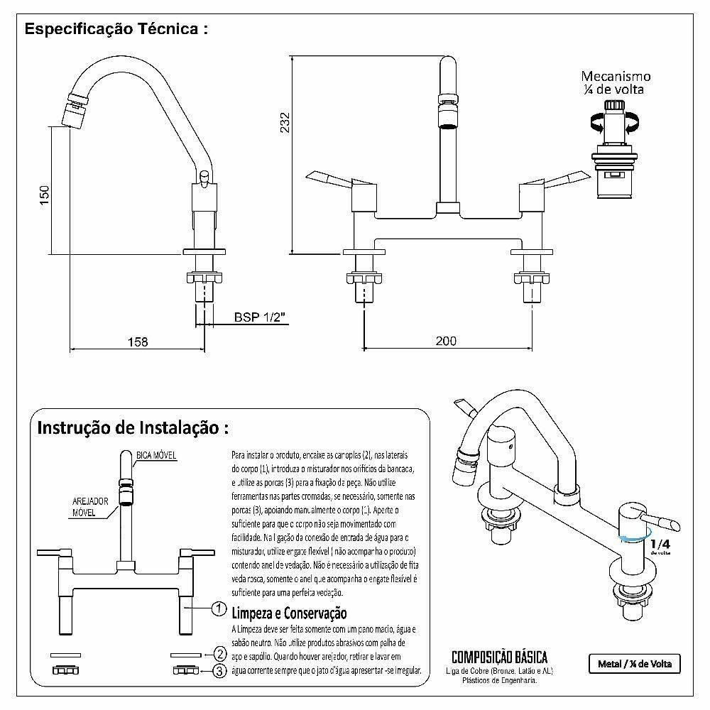 Torneira Misturador Cozinha Metal Bancada Mesa + 2 Flexíveis