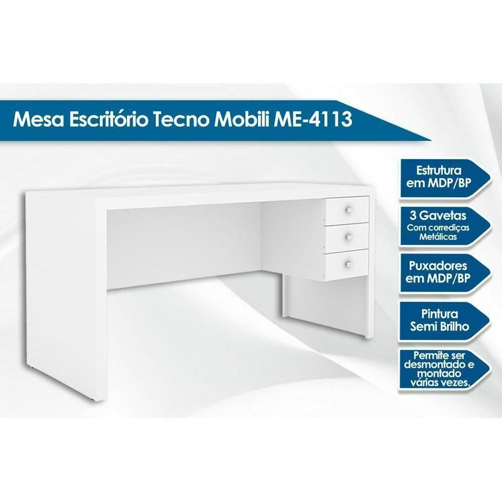 Mesa De Computador Me4113 C/ 3 Gavetas Branco - Tecno Mobili