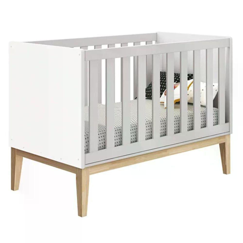 Berço Mini Cama Classic Branco Fosco Com Pés Madeira Natural - Reller Móveis Branco Fosco