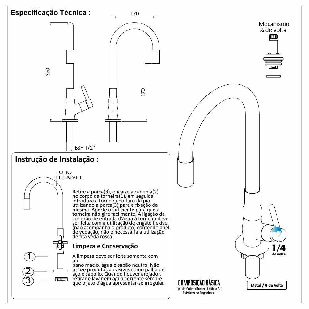 Torneira Pia Cozinha Bancada Color Flexível Preto Cobre 1/4v