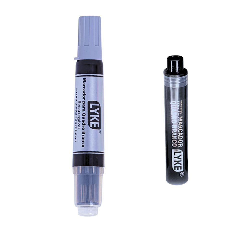 Kit Pincel Marcador Quadro Branco Recarregável + Refil Lyke Preto