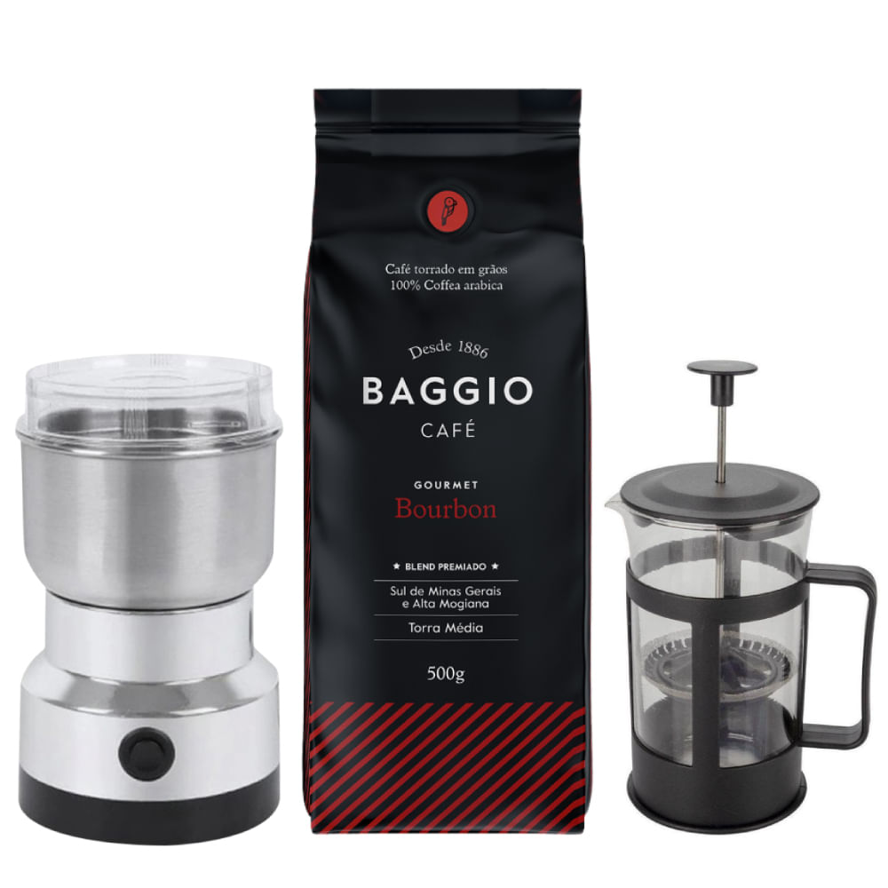 Kit Cafeteira Prensa + Moedor de Grãos + Café em Grão Baggio