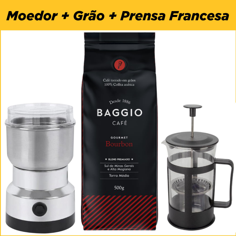 Kit Cafeteira Prensa + Moedor de Grãos + Café em Grão Baggio