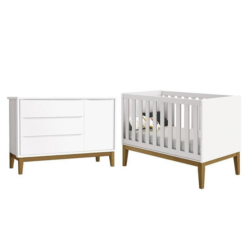 Jogo De Quarto Infantil Cômoda 1 Porta E Berço Classic Branco Fosco Com Pés Amadeirado - Reller Móveis Branco Fosco