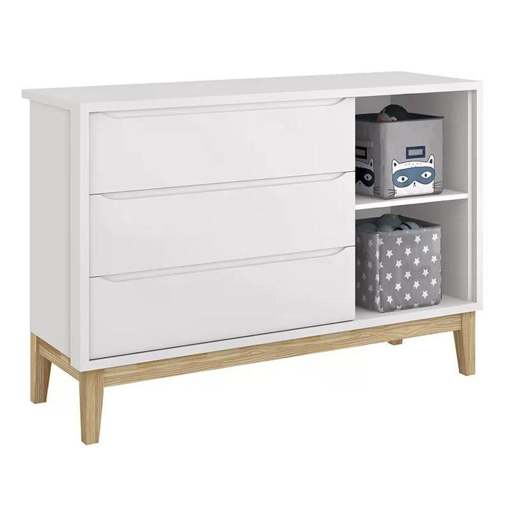 Jogo De Quarto Classic Guarda Roupa 3 Portas E Cômoda Branco Fosco Com Pés Madeira Natural - Reller Móveis Branco Fosco