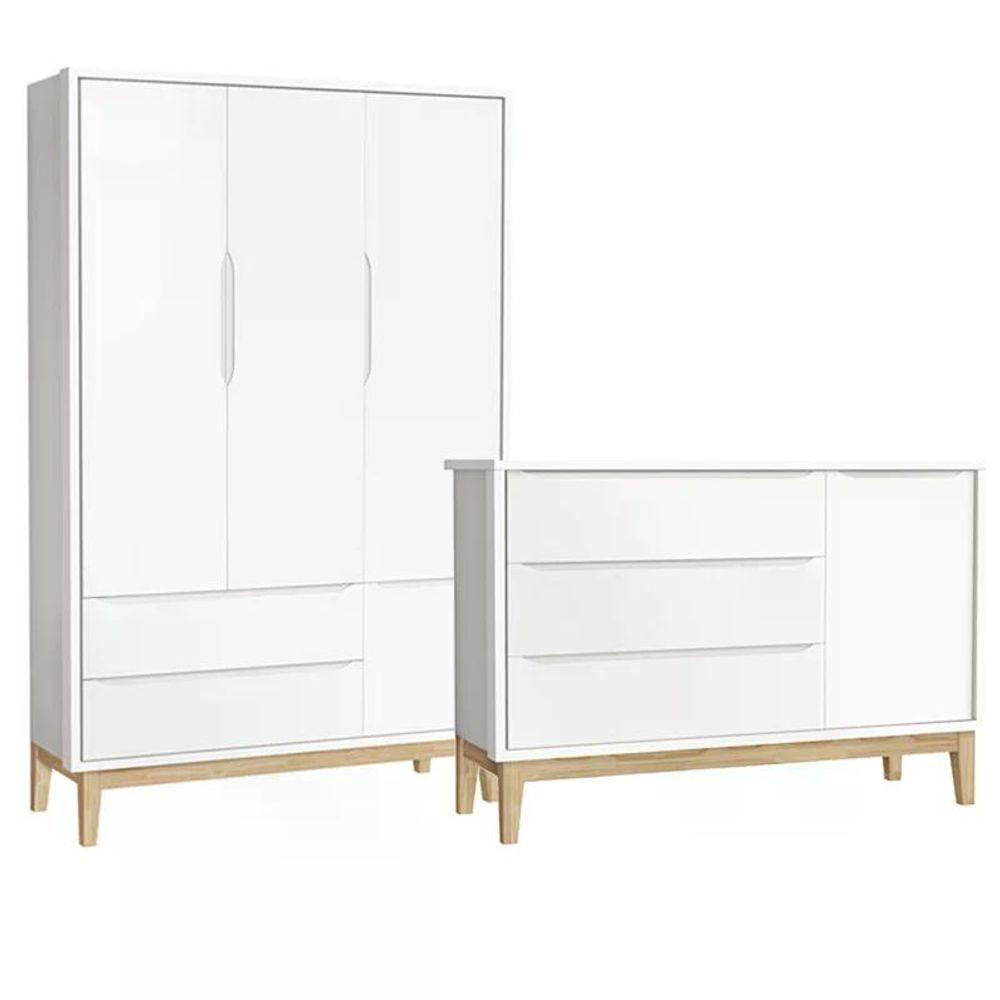 Jogo De Quarto Classic Guarda Roupa 3 Portas E Cômoda Branco Fosco Com Pés Madeira Natural - Reller Móveis Branco Fosco