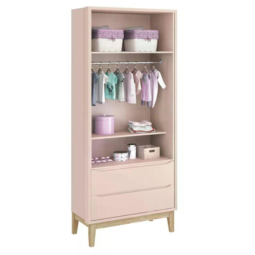 Jogo De Quarto Classic Guarda Roupa 2 Portas E Cômoda Rosa Fosco Com Pés Madeira Natural - Reller Móveis Rosa Fosco