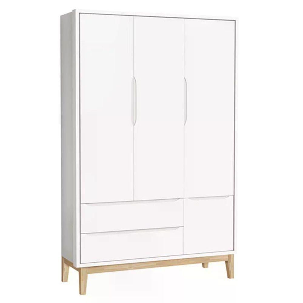 Jogo De Quarto Classic Guarda Roupa 3 Portas E Berço Branco Fosco Com Pés Madeira Natural - Reller Móveis Branco Fosco