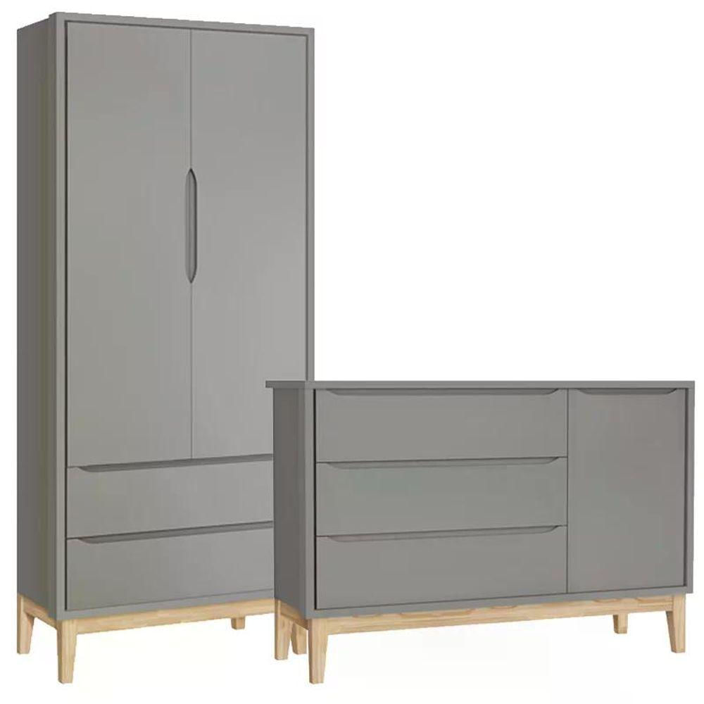 Jogo De Quarto Classic Guarda Roupa 2 Portas E Cômoda Cinza Fosco Com Pés Madeira Natural - Reller Móveis Cinza Fosco