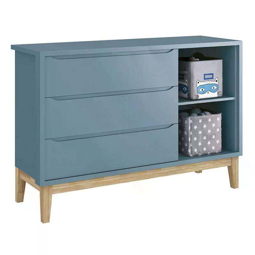 Jogo De Quarto Classic Guarda Roupa 2 Portas E Cômoda Azul Fosco Com Pés Madeira Natural - Reller Móveis Azul Fosco