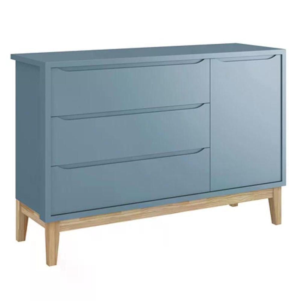 Jogo De Quarto Classic Guarda Roupa 2 Portas E Cômoda Azul Fosco Com Pés Madeira Natural - Reller Móveis Azul Fosco