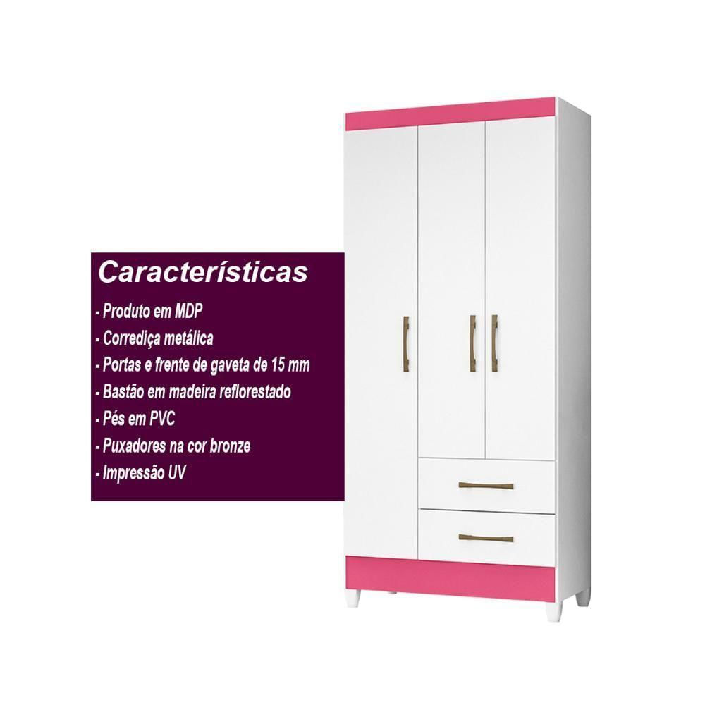 Guarda Roupa Solteiro 3 Portas 2 Gavetas Lima Branco