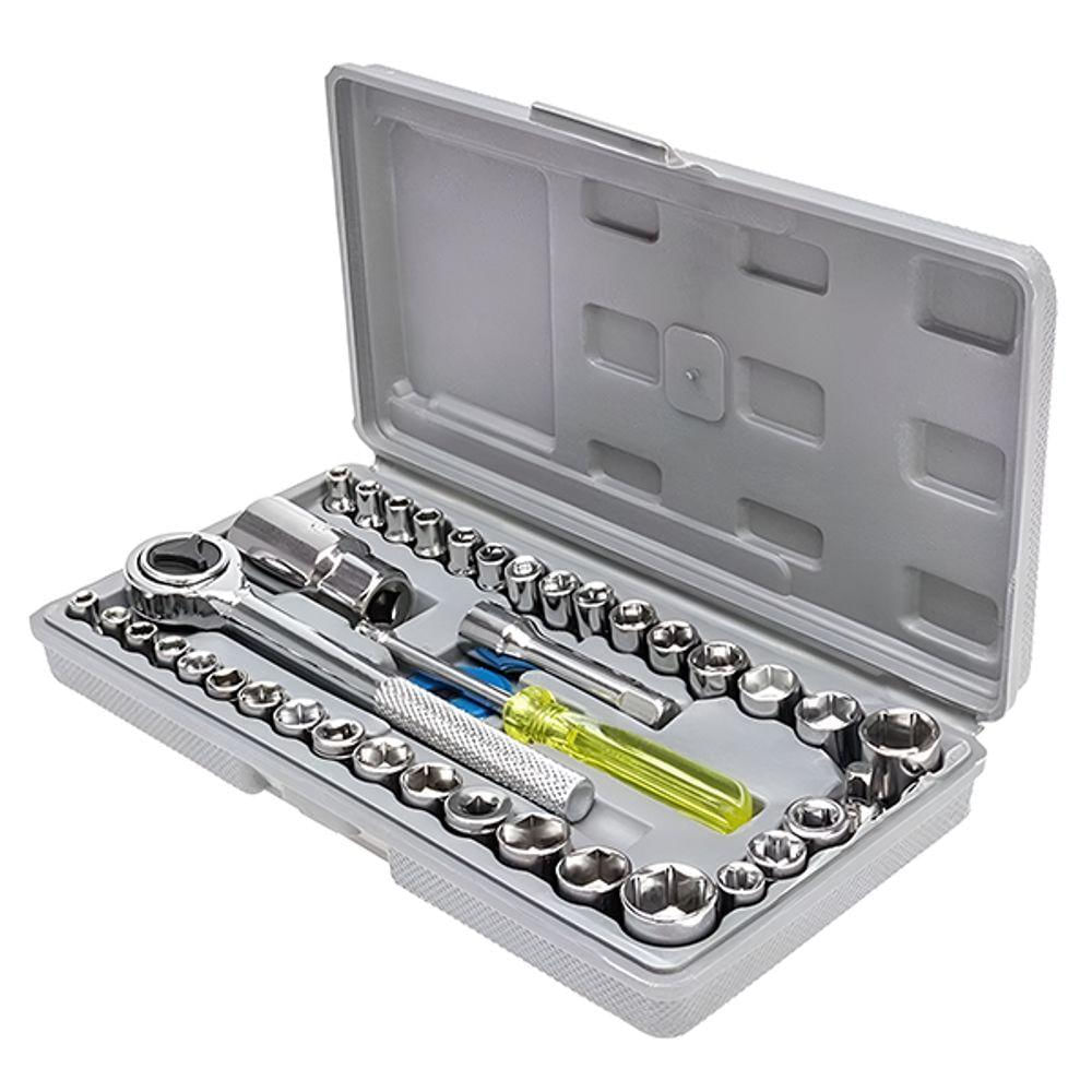 Kit Soquete 40 Peças Chave Catraca Encaixe 1-4" E 3-8" Ferramentas Automotivas