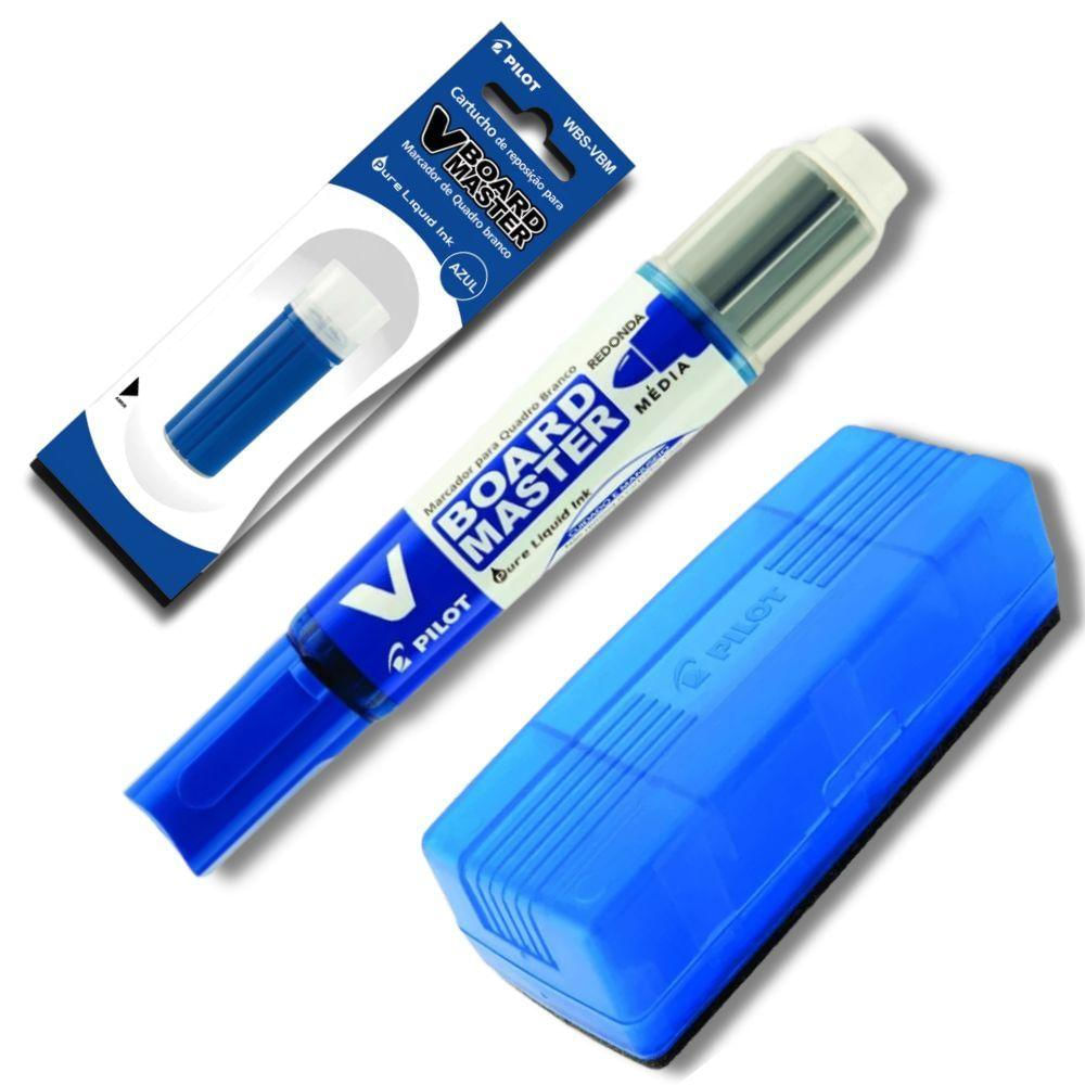 Kit Marcador Quadro Branco Recarregável + Refil Marcador + Apagador De Quadro Branco Pilot Azul