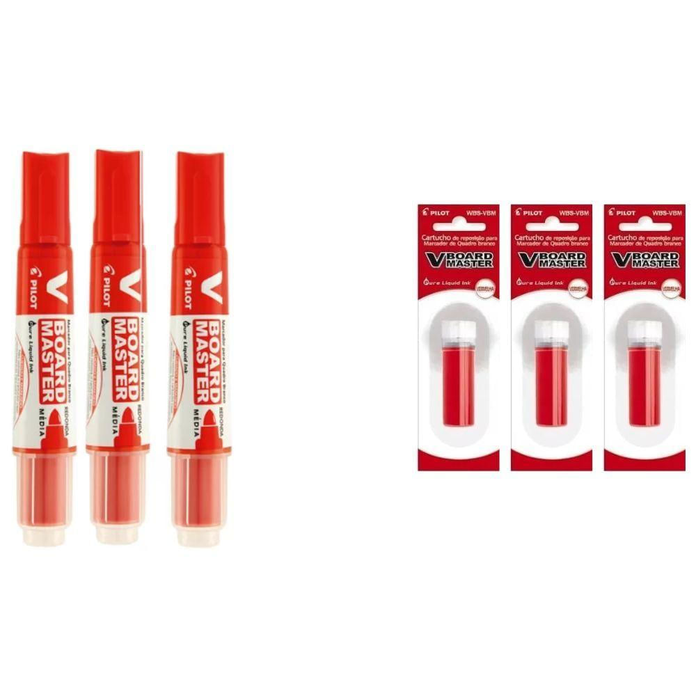 Kit 3 Marcadores Para Quadro Branco + 3 Refil Pilot V-board Master Vermelho