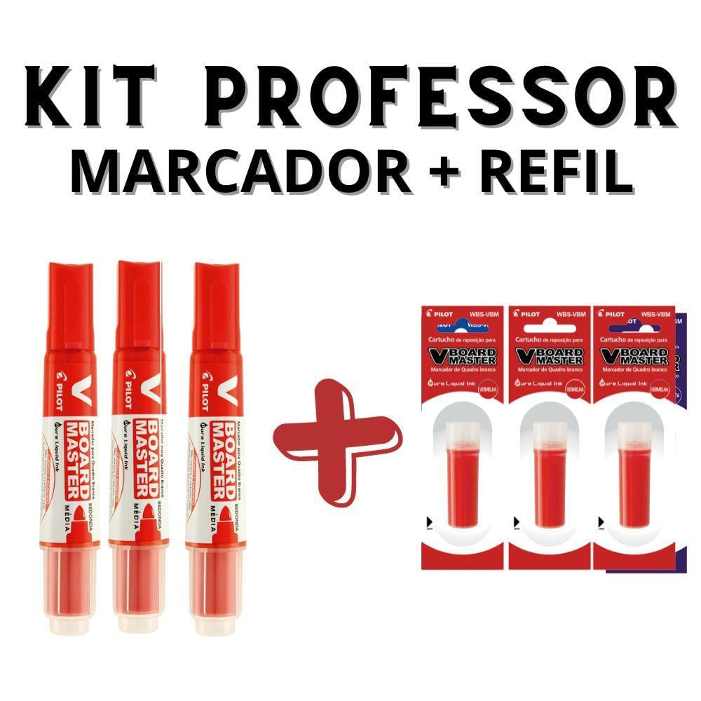 Kit 3 Marcadores Para Quadro Branco + 3 Refil Pilot V-board Master Vermelho