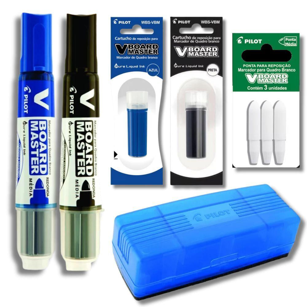 Kit 2 Marcadores Quadro Branco + 2 Refil Marcador + Apagador + Refil De Ponta Pilot Azul E Preto