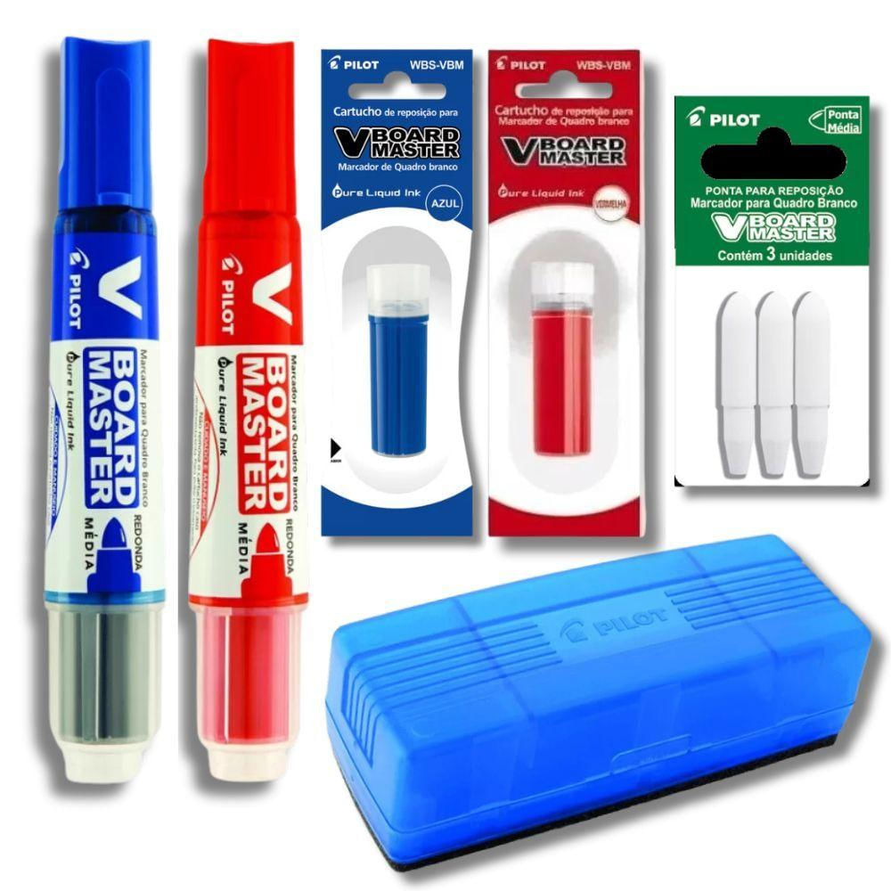 Kit 2 Marcadores Quadro Branco + 2 Refil Marcador + Apagador + Refil De Ponta Pilot Azul E Vermelho