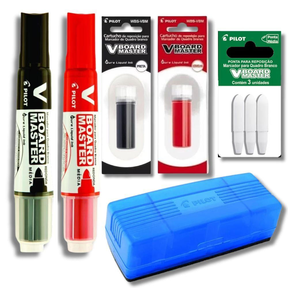 Kit 2 Marcadores Quadro Branco + 2 Refil Marcador + Apagador + Refil De Ponta Pilot Preto E Vermelho