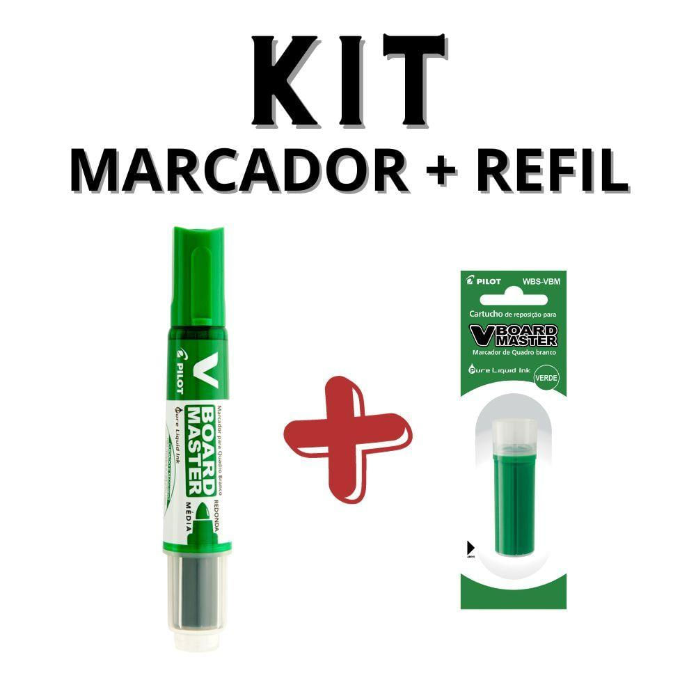 Kit Marcador Para Quadro Branco + Refil Pilot V-board Master Verde Escuro