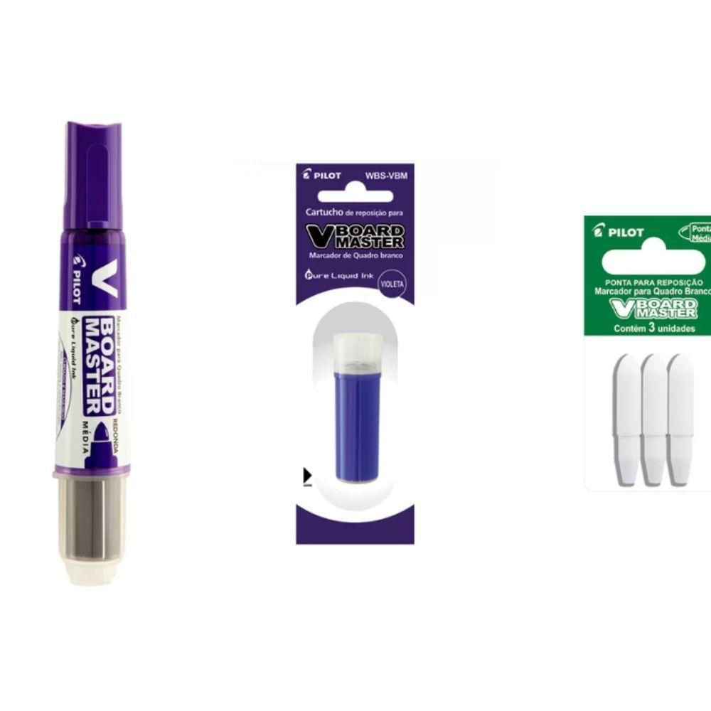 Kit Marcador Para Quadro Branco + Refil + Ponta Pilot V-board Master Violeta