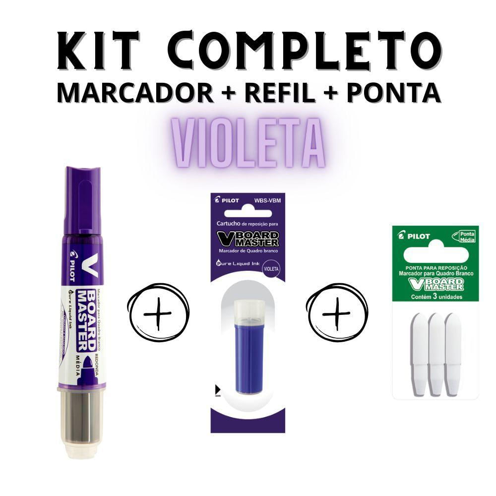 Kit Marcador Para Quadro Branco + Refil + Ponta Pilot V-board Master Violeta