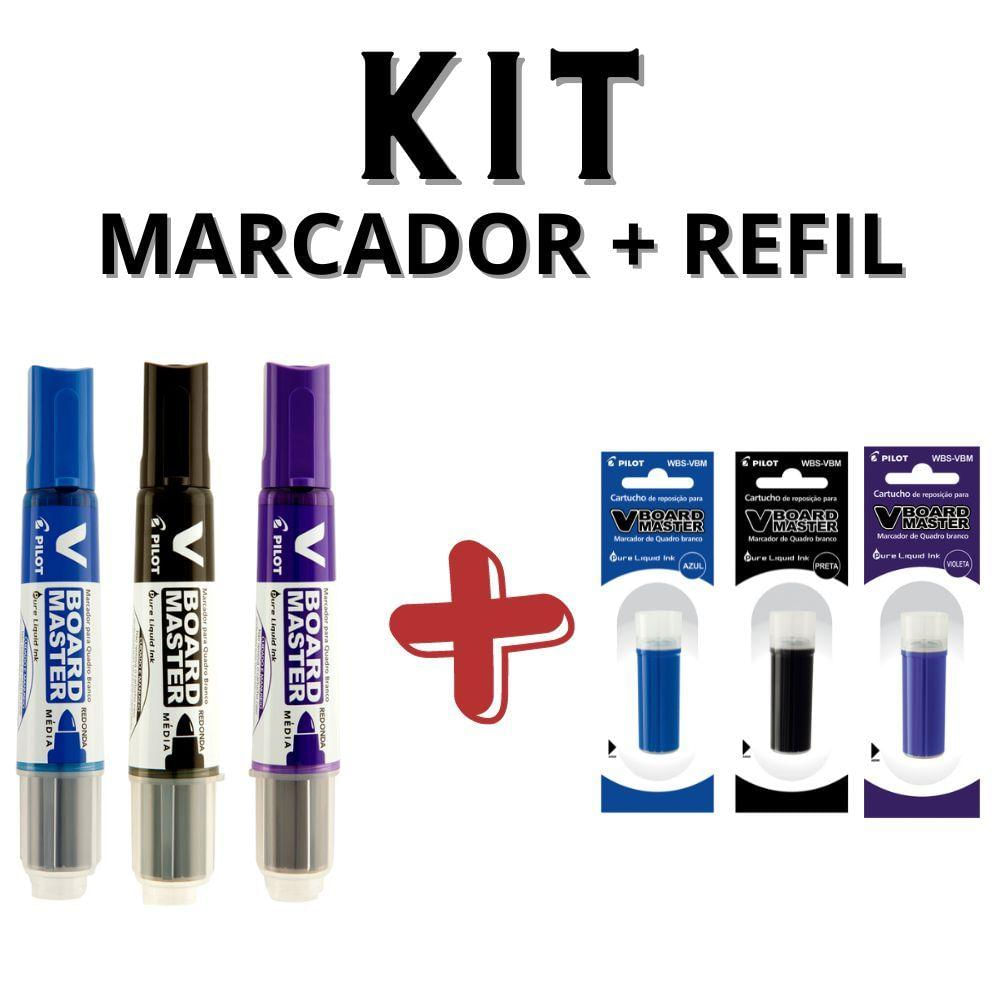 Kit 3 Marcadores Para Quadro Branco + Refil Pilot V-board Master