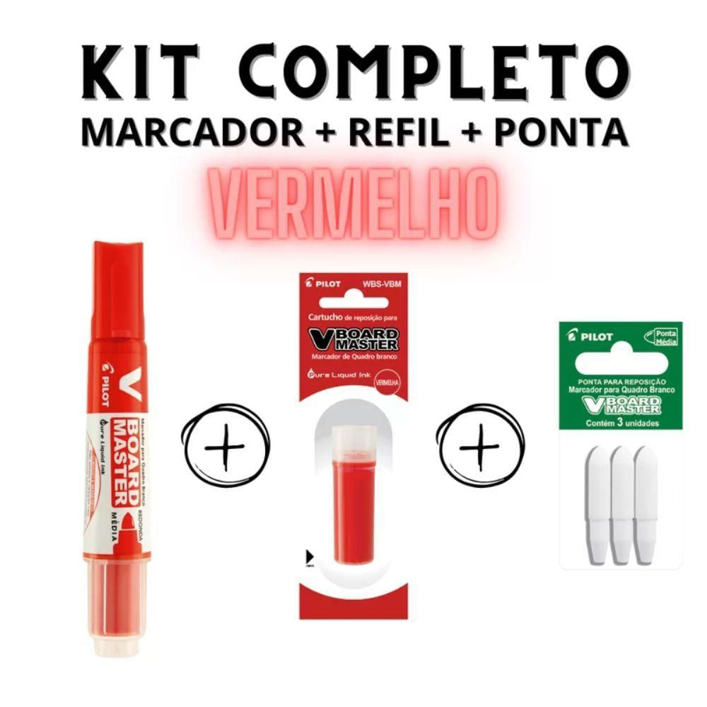 Kit Marcador Para Quadro Branco + Refil + Ponta Pilot V-board Master Vermelho