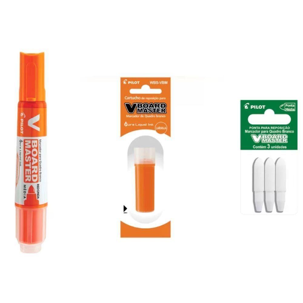 Kit Marcador Para Quadro Branco + Refil + Ponta Pilot V-board Master Laranja