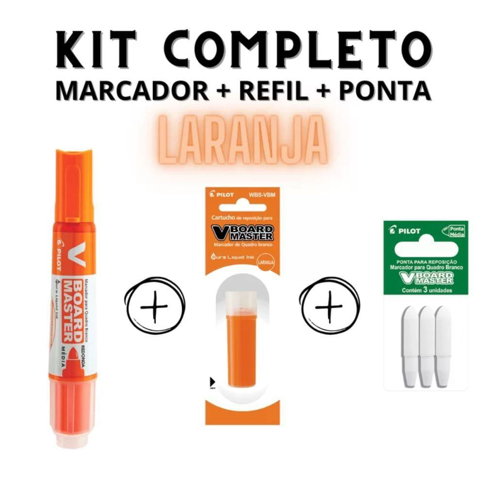 Kit Marcador Para Quadro Branco + Refil + Ponta Pilot V-board Master Laranja