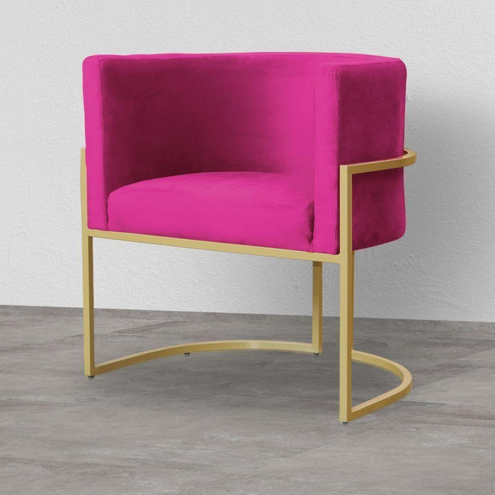 Poltrona Decorativa Dourada Base De Metalon - 7decormoveis - Veludo Pink