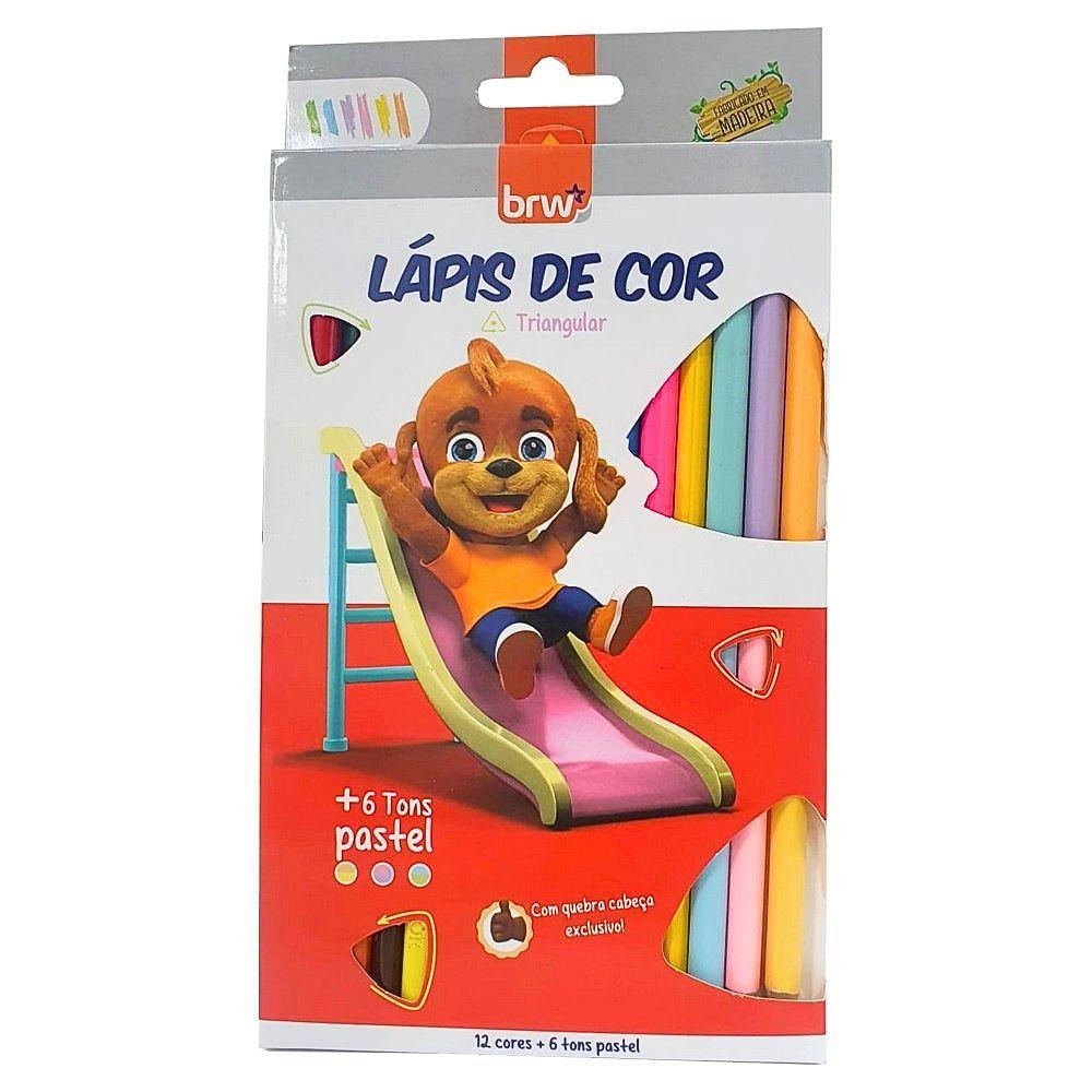 Lápis De Cor Escolar Triangular Com 12 Cores Brw + 6 Cores Pastéis