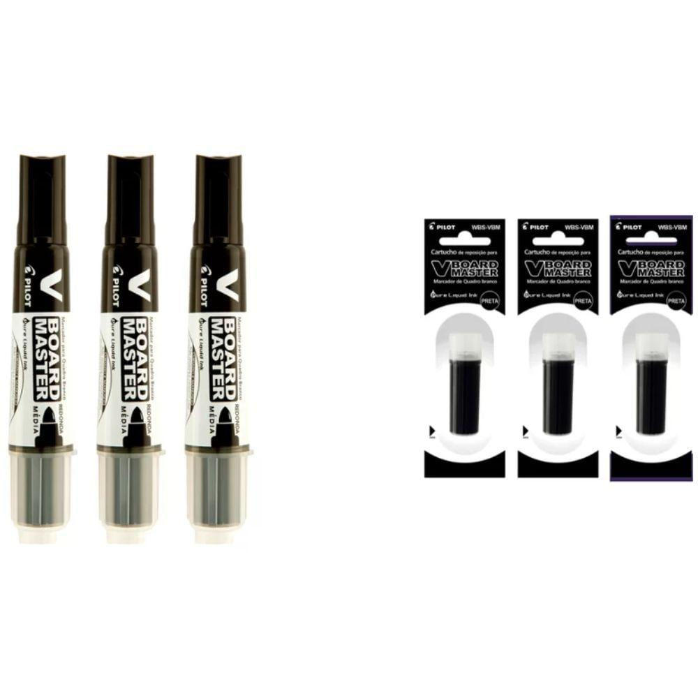 Kit 3 Marcadores Para Quadro Branco + 3 Refil Pilot V-board Master Preto