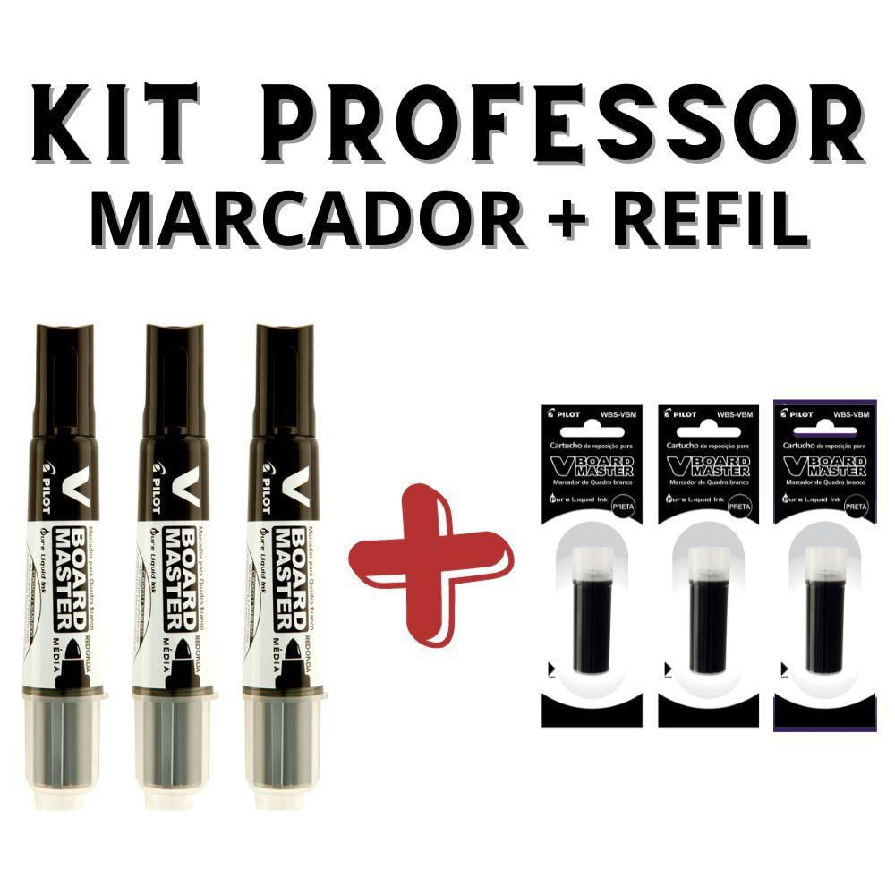 Kit 3 Marcadores Para Quadro Branco + 3 Refil Pilot V-board Master Preto